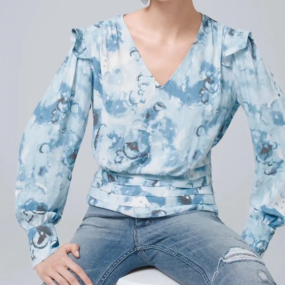 White House Black Market Blue and White Floral V-Neck Blouse Size 2